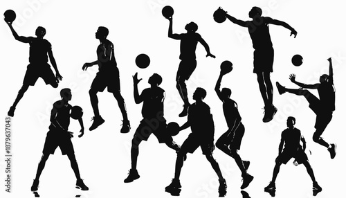 Silhouetted figures in action, playing basketball. Dynamic poses and moments of athletic play are captured