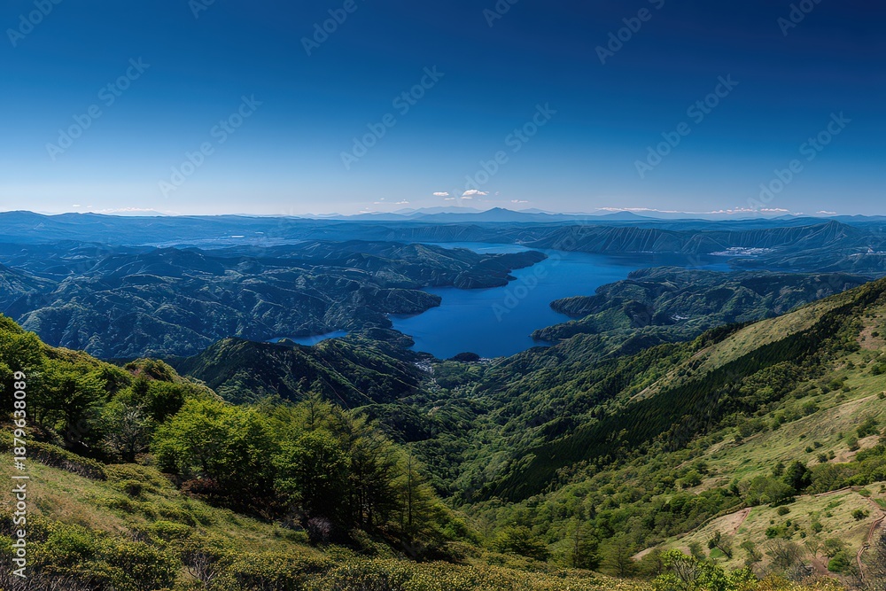 Fototapeta premium Aerial Vista of a Verdant Valley with Serene Lakes and Distant Cityscape under a Clear Blue Sky Offering an Escape into Nature's Beauty
