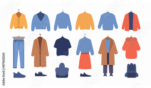 Flat wardrobe style fashion apparel vector illustration with modern casual clothes and accessories
