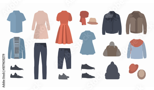 Modern fashion clothing and accessories flat vector set for men and women casual apparel collection