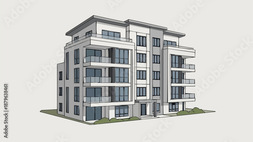 Modern Apartment Building Architectural Rendering with Balconies.