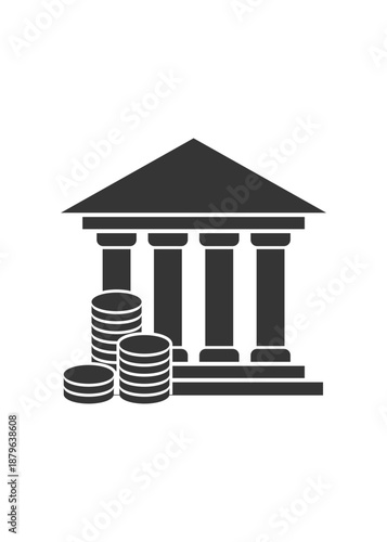 A classic bank building with sturdy pillars and stacked coins representing secure financial growth and stable savings.