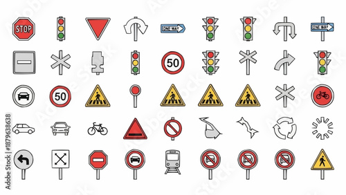 Collection of Road Signs and Traffic Signals Icons.