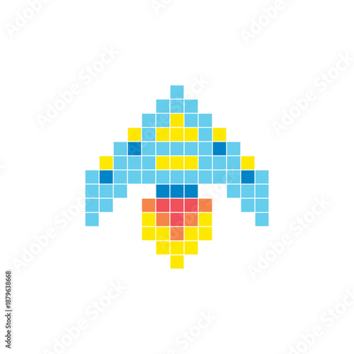 A flat pixel design made of geometric square color blocks on a clean icon layout. Pixel art spacecraft