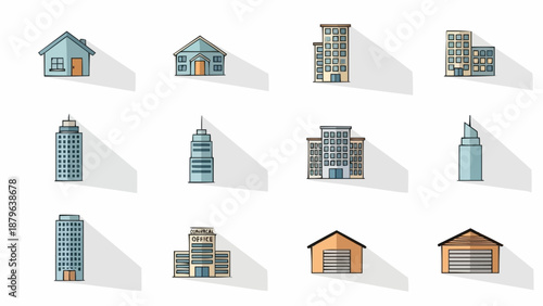 Collection of Diverse Building Icons with Shadows.