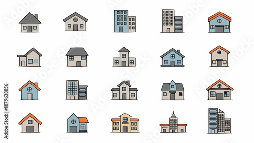 Collection of diverse building icons representing various architectural styles.