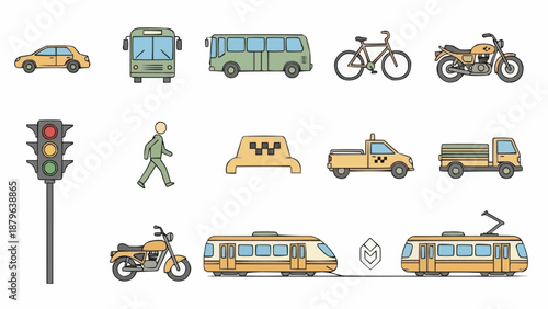 Collection of diverse transportation vehicles and traffic signals.