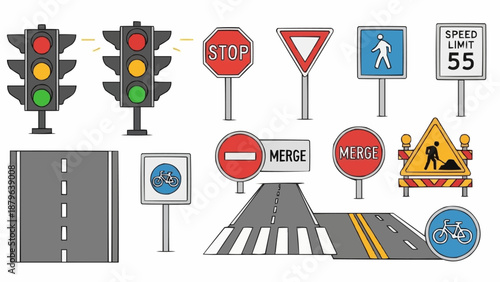 Collection of Road Signs and Traffic Signals Illustration.