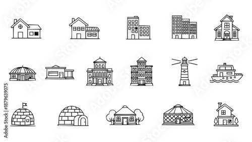Collection of diverse building outlines and structures.