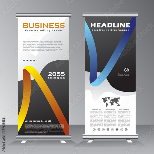 modern roll up banner design, vertical banner template, roll up banner with yellow and blue colour, vector eps 10