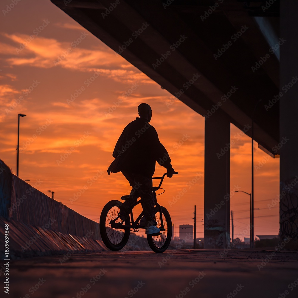 Fototapeta premium BMX rider silhouette cycling under urban bridge at sunset with a vibrant orange sky background.