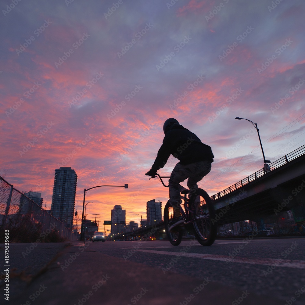 Fototapeta premium BMX Rider Silhouetted Against Vibrant Urban Sunset Sky