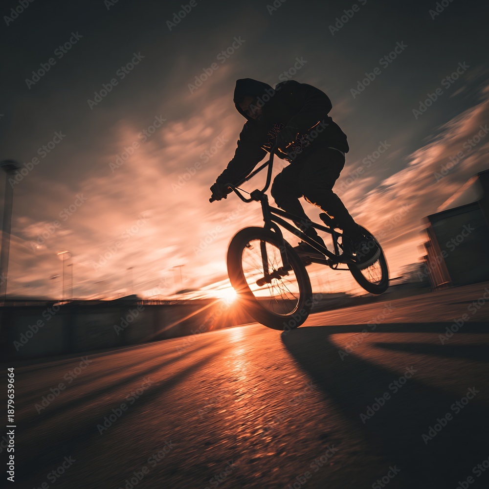 Fototapeta premium Dynamic Silhouette of BMX Rider Against Golden Sunset Sky with Motion Blur