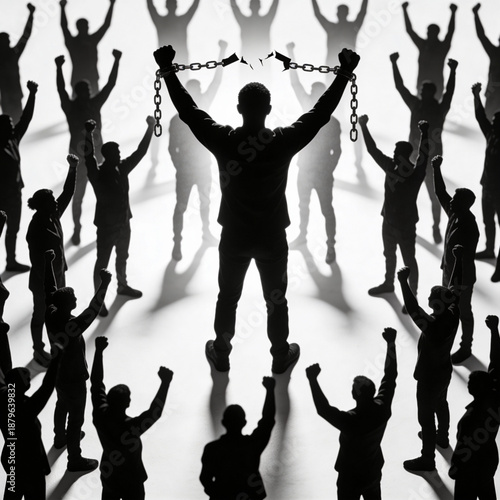 Breaking Chains of Oppression: In a powerful display of unity, a silhouetted figure triumphantly breaks free from the chains, surrounded by a crowd of supporters with arms raised in solidarity.