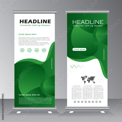 roll up banner vertical template design, for brochure, business, flyer, stand banner. modern x-banner and standee banner for advertising. vector illustration pull up banner with green color,