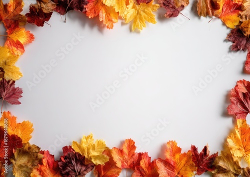 Autumn leaves arranged as a border on a white background