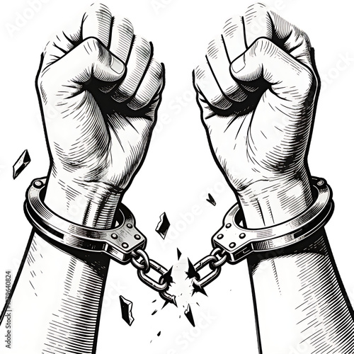 Breaking Free: A symbol of liberation and triumph, two hands powerfully break free from the shackles of confinement, embodying strength and the pursuit of freedom.