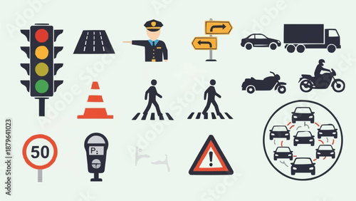 Collection of traffic and transportation icons and symbols.