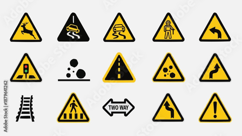 Collection of Yellow Warning Road Signs for Safety.