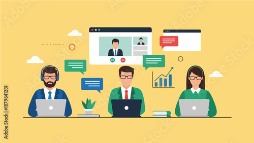 Remote Team Video Conference Call and Online Chat Illustration | Digital Business Collaboration and Customer Support