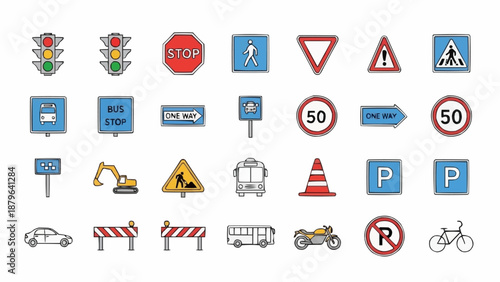 Collection of traffic signs and road symbols illustration.