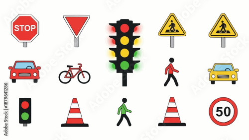 Collection of traffic signs and symbols for road safety.