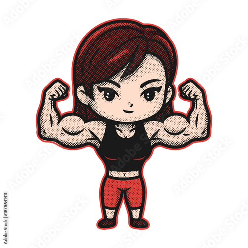 chibi style muscular woman flexing biceps, strong female gym mascot