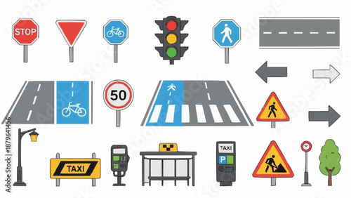 Collection of traffic signs and road elements.