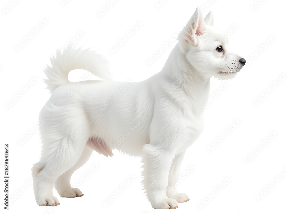 Obraz premium A purebred white dog stands on a clean and minimalist white surface, ready for capture