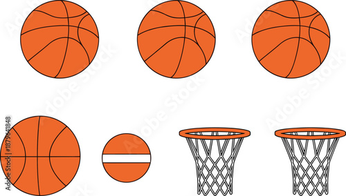 Basketball Balls and Hoop Set Sports Equipment Flat Vector Illustration Collection