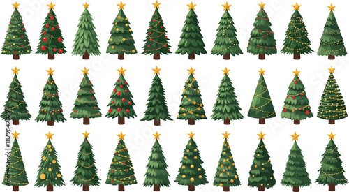 Christmas Tree Collection with Festive Decorations and Stars Flat Vector Illustration Set