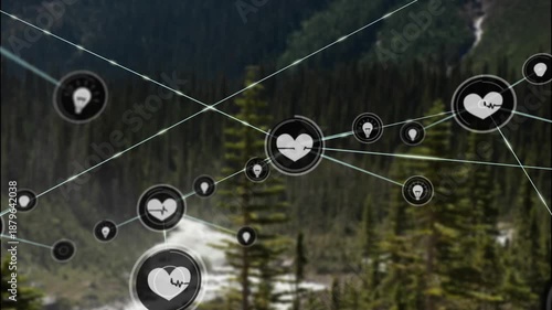 Animation of network of digital icons over landscape with tall trees and river