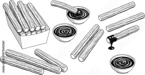 Churros Dessert Set with Chocolate Dip Hand Drawn Line Art Vector Illustration