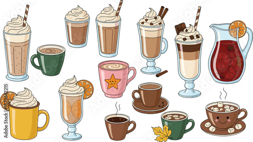 Cute Coffee and Hot Drinks Collection with Cups Mugs Flat Vector Illustration