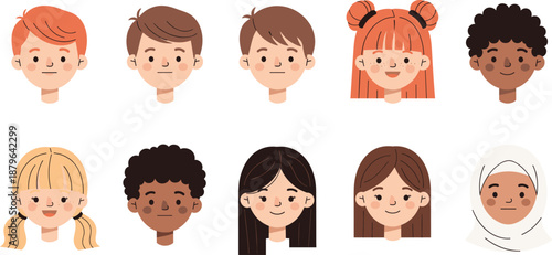 Cute Kids Face Avatars Set with Diverse Hairstyles Flat Vector Illustration