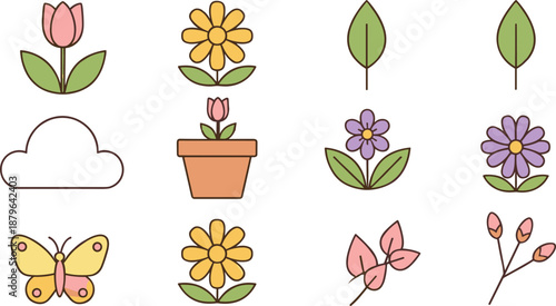 Cute Spring Nature Icons Set with Flowers Leaves Butterfly Flat Vector Illustration