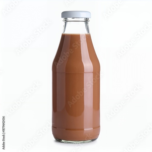 A glass bottle containing chocolate milk against a crisp white background showcasing dairy freshness