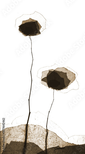 Two abstract trees, vertical format, Crowns made of overlaying pieces of translucent paper

