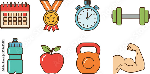 Fitness and Healthy Lifestyle Icons Set with Gym Equipment Flat Vector Illustration