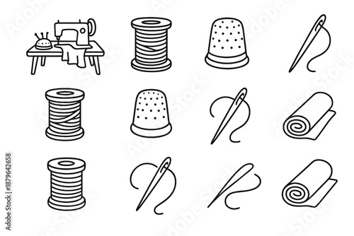 Needle sewing thread thimble vector set icon handdrawn scene roll craft fabric