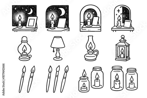 Candlelight grid corner night glass brush outline jar lamp vector icon art