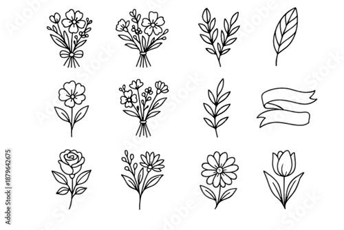 Icon set bouquet ink leaves blooms vector ribbons compositions collection floral drawing
