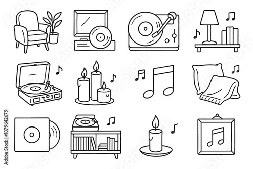 Collection candles record artistic music interior mood player soft notes icon vector
