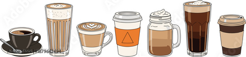 Modern Coffee Cup Collection with Espresso Latte Cappuccino Flat Vector Illustration Set