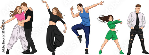 Modern Young People Dancing Hip Hop and Street Dance Flat Vector Illustration