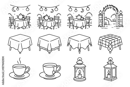 Lanterns evening garden tea collection vector icons patio icon sketch tablecloth teacup