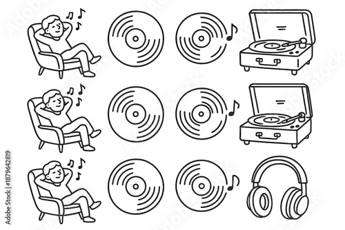 Player vinyl collection record artistic headphones relaxing set vector scene icon music