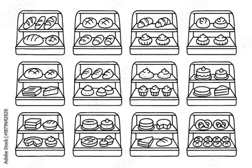Icons counter trays bread pastry vector view bakery icon display set cakes