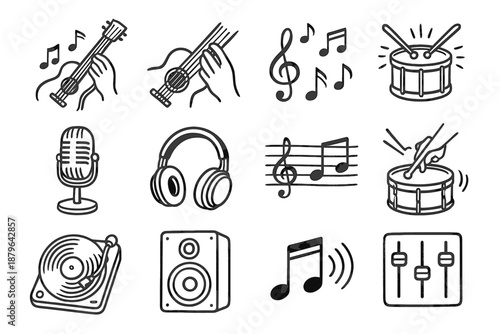 Hands motion music vector lines playing ambient drumbeat icon sketches guitar set