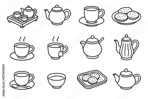 Icon teapot sketch icons cookies table tea cups traditional vector rough set
